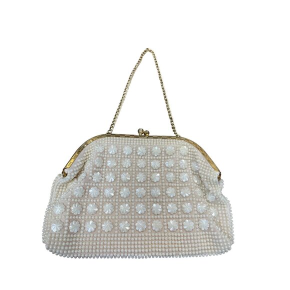 Handbags - Vintage Honk Kong Pearl Flower Beaded Evening Clutch Purse SKU 9477